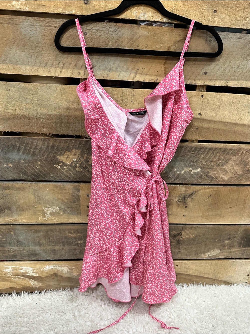 SHEIN Pink Floral Ruffle Mini Wrap Dress
